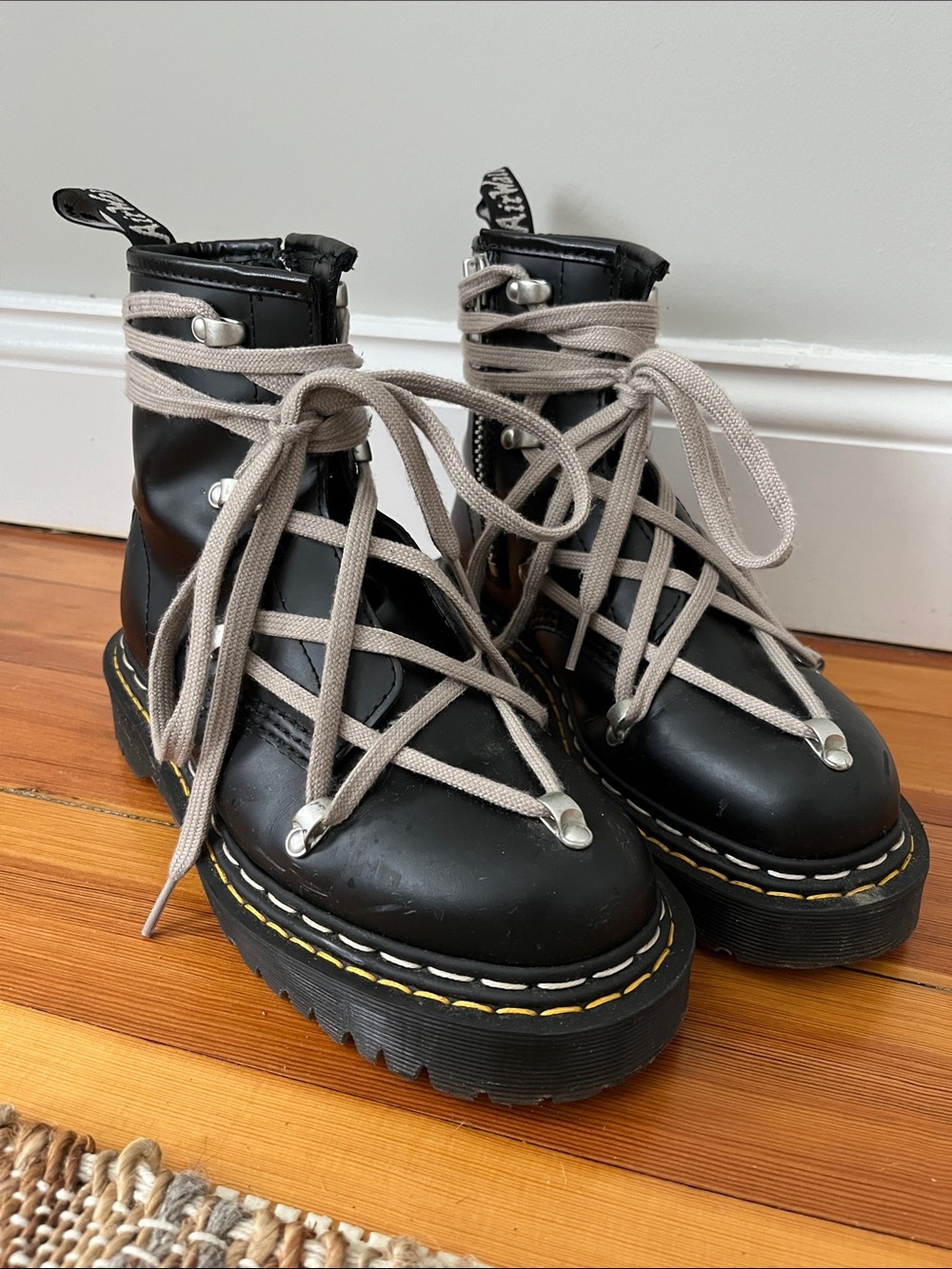 Rick Owen’s X Dr. Martens SOFT Black Leather Platform Boots with Beige Laces